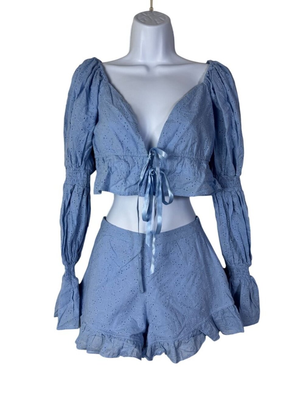 NEW Dolls Kill Current Mood Powder Boogie Down Blue Eyelet Crop Top Short Set XS